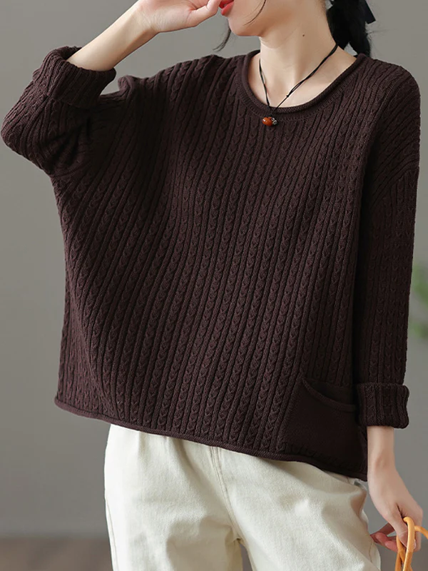 Artistic Retro Loose Long Sleeves Jacquard Solid Color Round-Neck Sweater Tops - Image 5