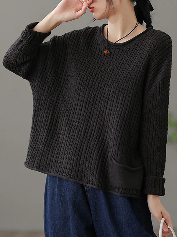 Artistic Retro Loose Long Sleeves Jacquard Solid Color Round-Neck Sweater Tops - Image 6