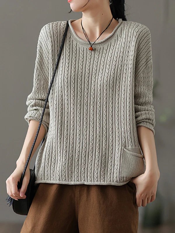 Artistic Retro Loose Long Sleeves Jacquard Solid Color Round-Neck Sweater Tops - Image 7