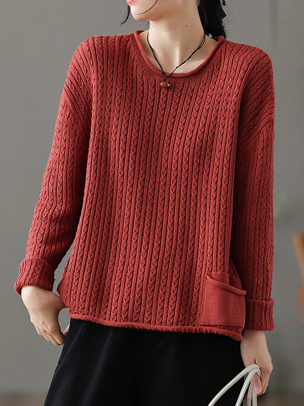 Artistic Retro Loose Long Sleeves Jacquard Solid Color Round-Neck Sweater Tops - Image 8