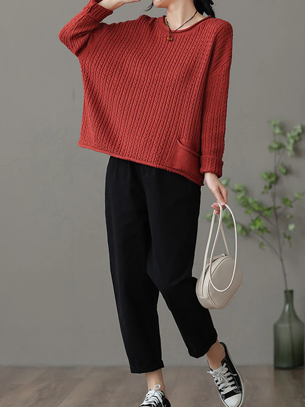 Artistic Retro Loose Long Sleeves Jacquard Solid Color Round-Neck Sweater Tops - Image 9