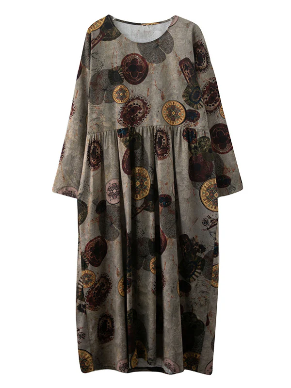 Artistic Retro Loose Long Sleeves Printed Round-Neck Maxi Dresses - Image 10