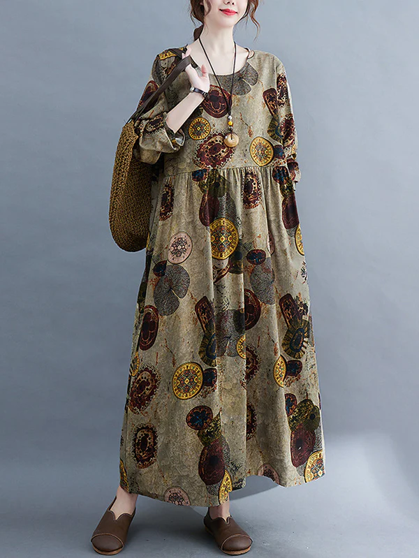 Artistic Retro Loose Long Sleeves Printed Round-Neck Maxi Dresses - Image 2