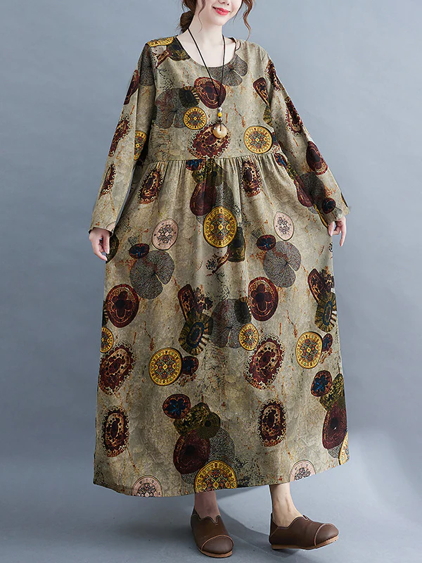 Artistic Retro Loose Long Sleeves Printed Round-Neck Maxi Dresses - Image 3