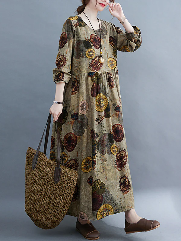 Artistic Retro Loose Long Sleeves Printed Round-Neck Maxi Dresses - Image 4