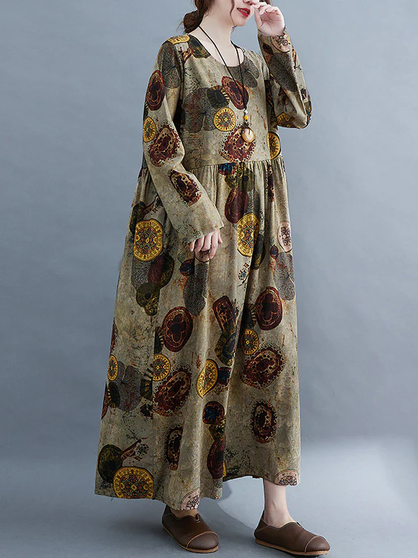 Artistic Retro Loose Long Sleeves Printed Round-Neck Maxi Dresses - Image 5