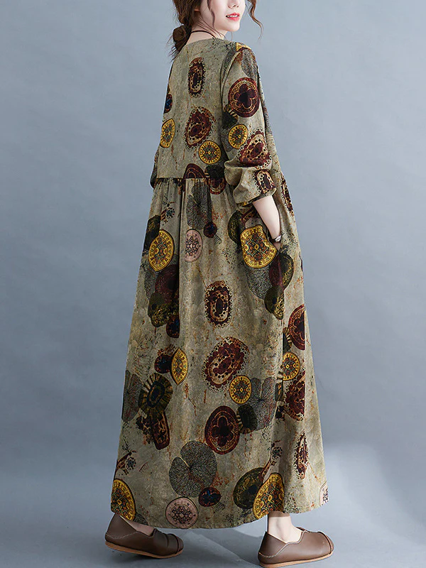 Artistic Retro Loose Long Sleeves Printed Round-Neck Maxi Dresses - Image 6
