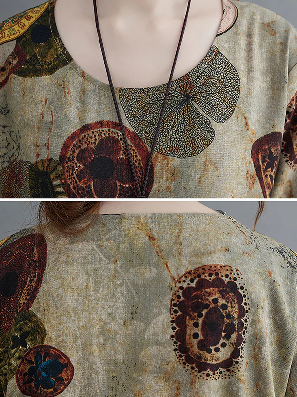 Artistic Retro Loose Long Sleeves Printed Round-Neck Maxi Dresses - Image 7