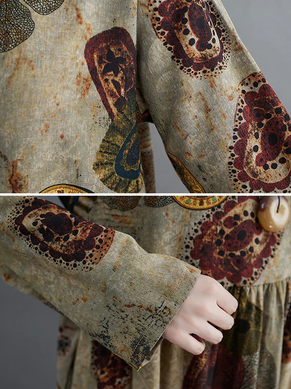 Artistic Retro Loose Long Sleeves Printed Round-Neck Maxi Dresses - Image 8