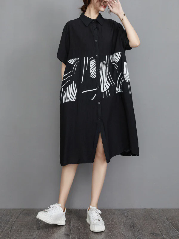 Artistic Retro Loose Printed Buttoned Midi Dress - Image 3