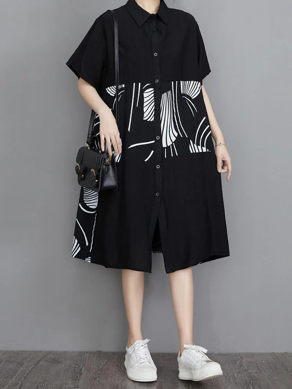 Artistic Retro Loose Printed Buttoned Midi Dress - Image 4