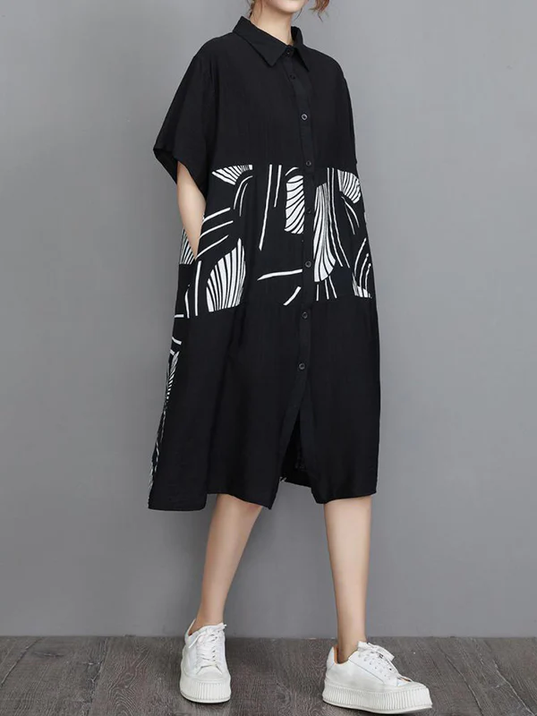Artistic Retro Loose Printed Buttoned Midi Dress - Image 5