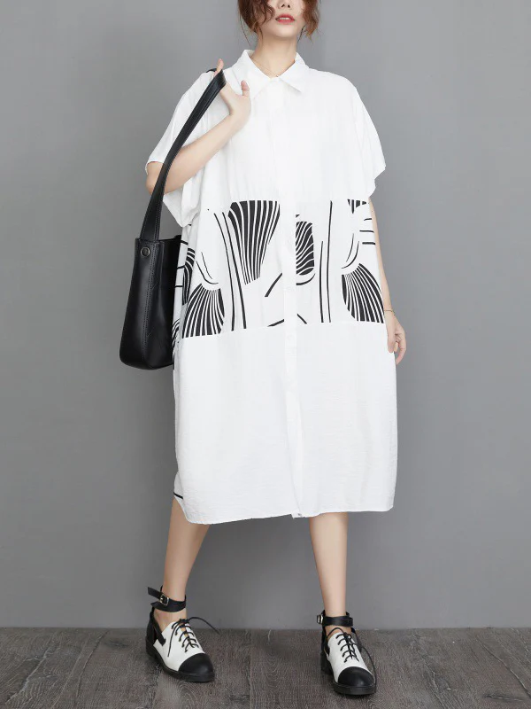 Artistic Retro Loose Printed Buttoned Midi Dress - Image 7