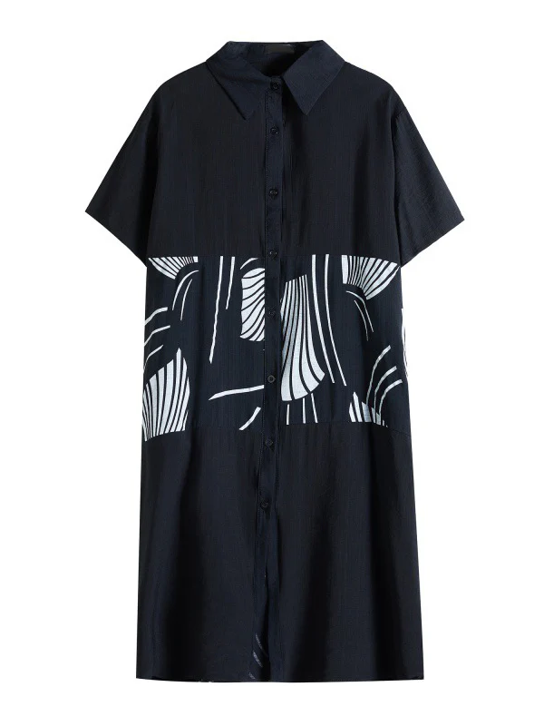 Artistic Retro Loose Printed Buttoned Midi Dress - Image 9