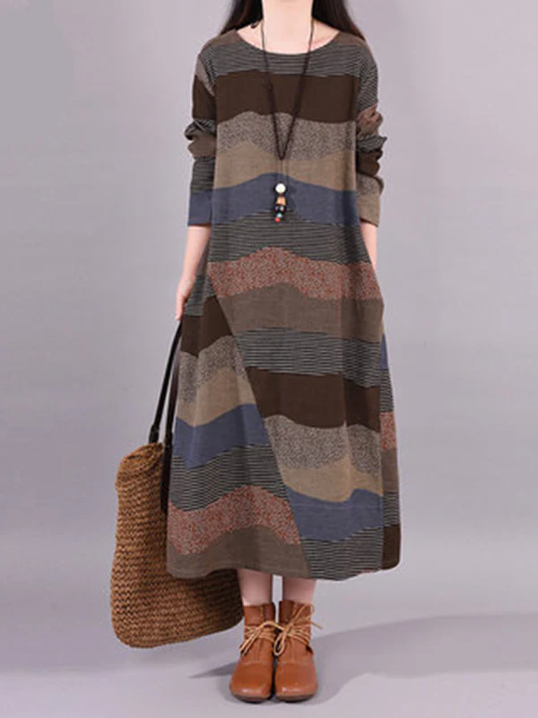 Artistic Retro Loose Ramie Cotton Striped Multi-Colored Round-Neck Long Sleeves Midi Dress - Image 2