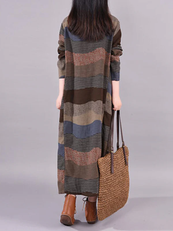 Artistic Retro Loose Ramie Cotton Striped Multi-Colored Round-Neck Long Sleeves Midi Dress - Image 3
