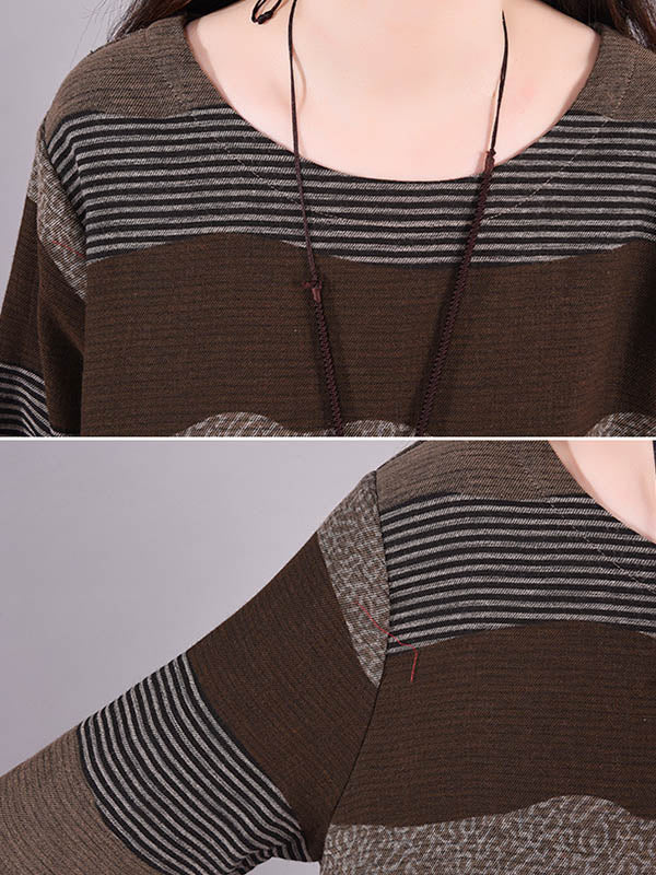 Artistic Retro Loose Ramie Cotton Striped Multi-Colored Round-Neck Long Sleeves Midi Dress - Image 4