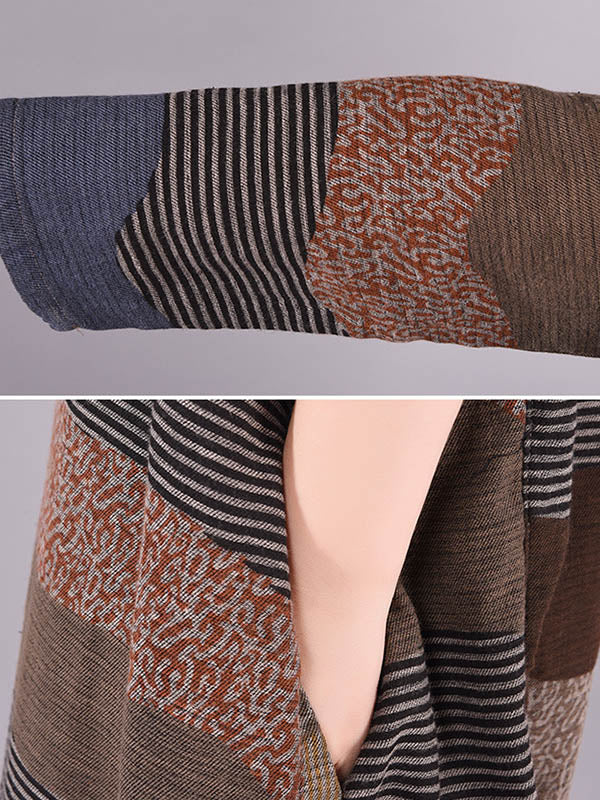 Artistic Retro Loose Ramie Cotton Striped Multi-Colored Round-Neck Long Sleeves Midi Dress - Image 6