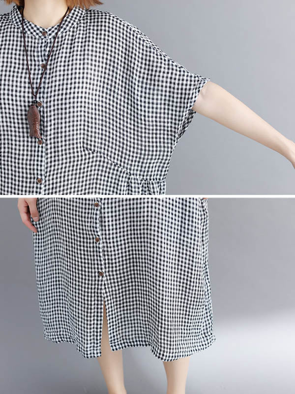 Artistic Retro Loose Split-Joint Plaid Buttoned Stand Collar Half Sleeves Midi Dress - Image 10