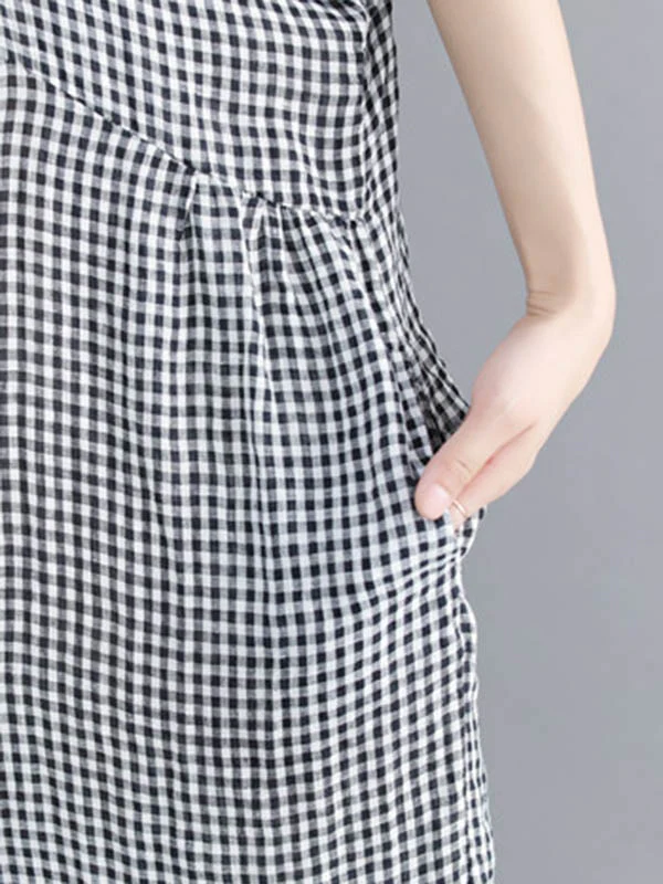Artistic Retro Loose Split-Joint Plaid Buttoned Stand Collar Half Sleeves Midi Dress - Image 11