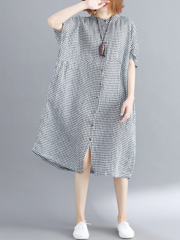 Artistic Retro Loose Split-Joint Plaid Buttoned Stand Collar Half Sleeves Midi Dress - Image 2