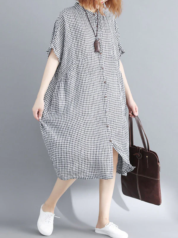 Artistic Retro Loose Split-Joint Plaid Buttoned Stand Collar Half Sleeves Midi Dress - Image 3