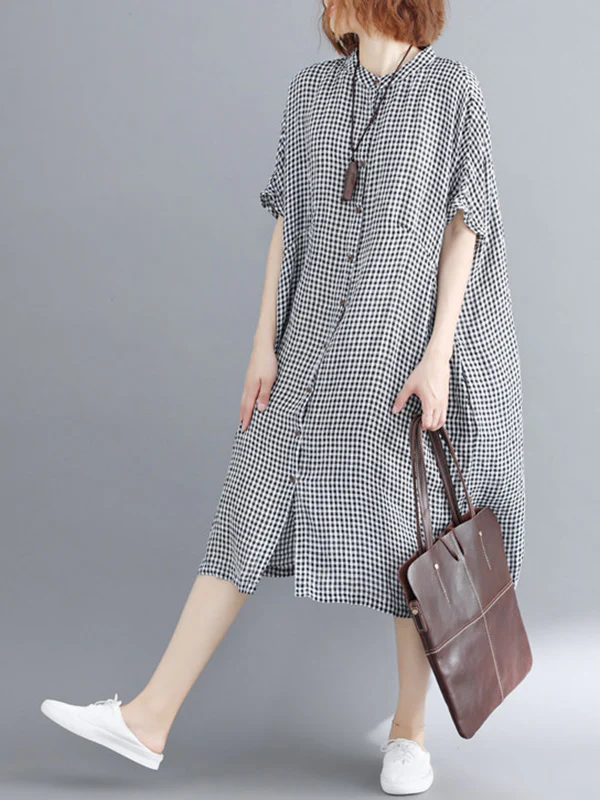 Artistic Retro Loose Split-Joint Plaid Buttoned Stand Collar Half Sleeves Midi Dress - Image 4