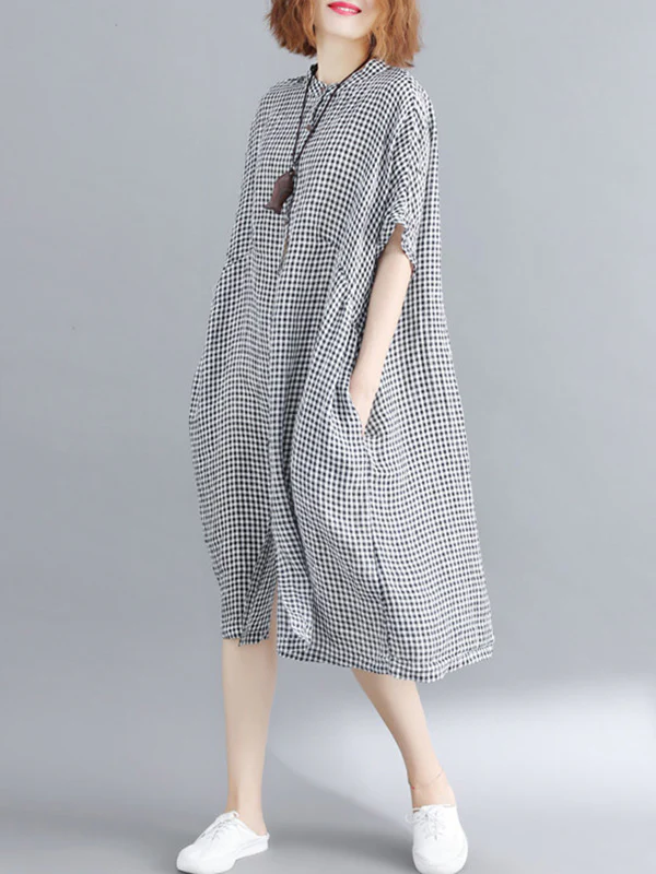 Artistic Retro Loose Split-Joint Plaid Buttoned Stand Collar Half Sleeves Midi Dress - Image 5