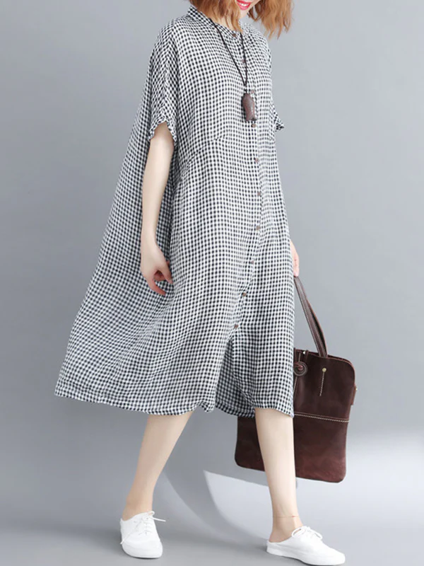 Artistic Retro Loose Split-Joint Plaid Buttoned Stand Collar Half Sleeves Midi Dress - Image 6