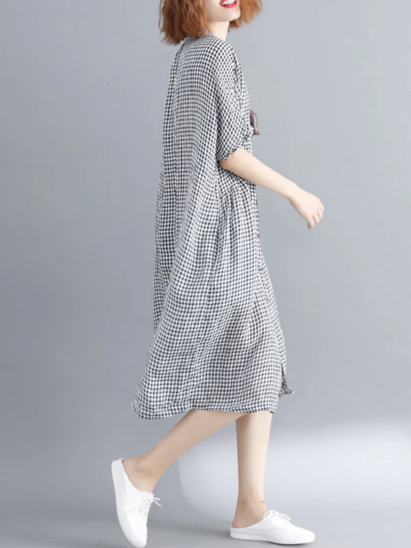 Artistic Retro Loose Split-Joint Plaid Buttoned Stand Collar Half Sleeves Midi Dress - Image 7