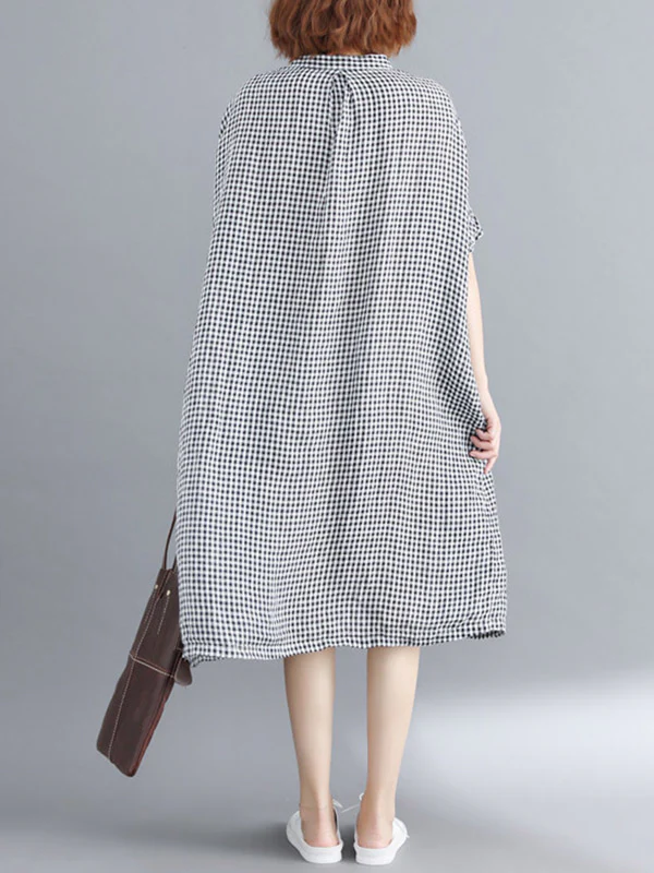 Artistic Retro Loose Split-Joint Plaid Buttoned Stand Collar Half Sleeves Midi Dress - Image 8