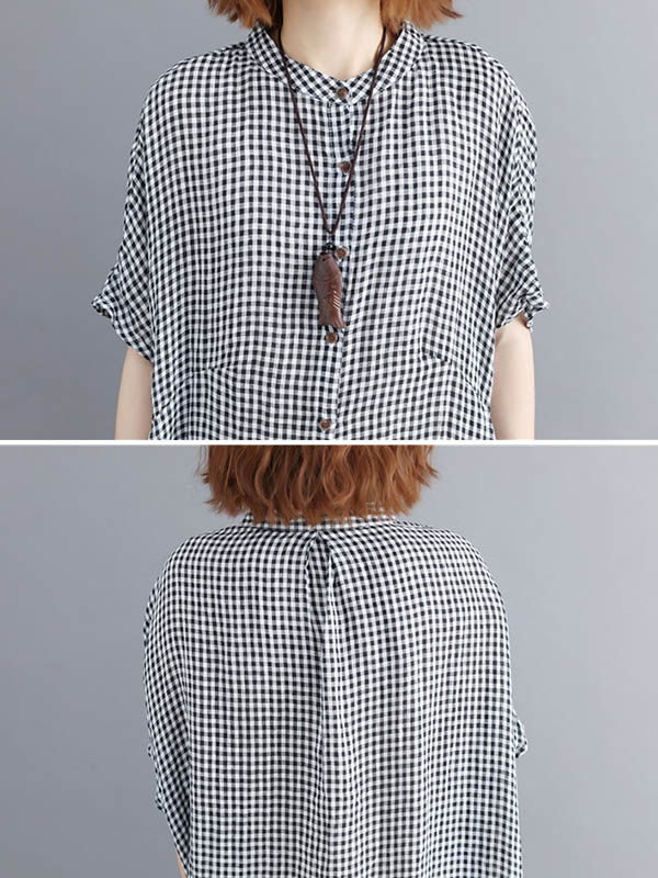 Artistic Retro Loose Split-Joint Plaid Buttoned Stand Collar Half Sleeves Midi Dress - Image 9