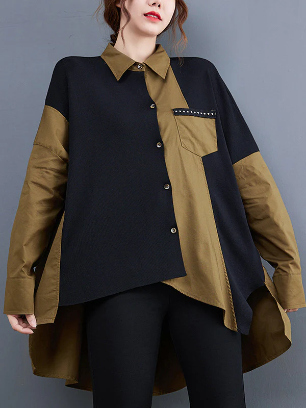 Artistic Retro Loose Split-Joint With Pocket Buttoned Lapel Collar Long Sleeves False Two Blouse - Image 2
