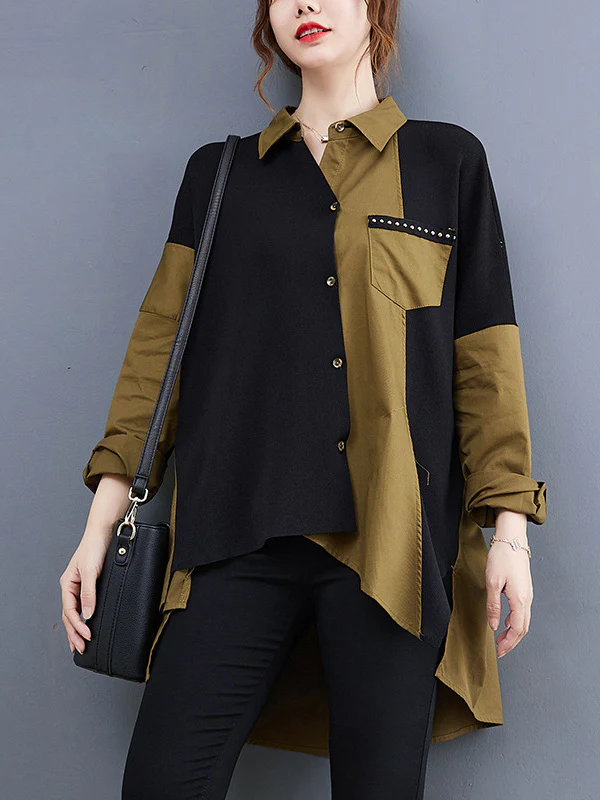 Artistic Retro Loose Split-Joint With Pocket Buttoned Lapel Collar Long Sleeves False Two Blouse - Image 3