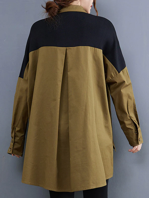 Artistic Retro Loose Split-Joint With Pocket Buttoned Lapel Collar Long Sleeves False Two Blouse - Image 4