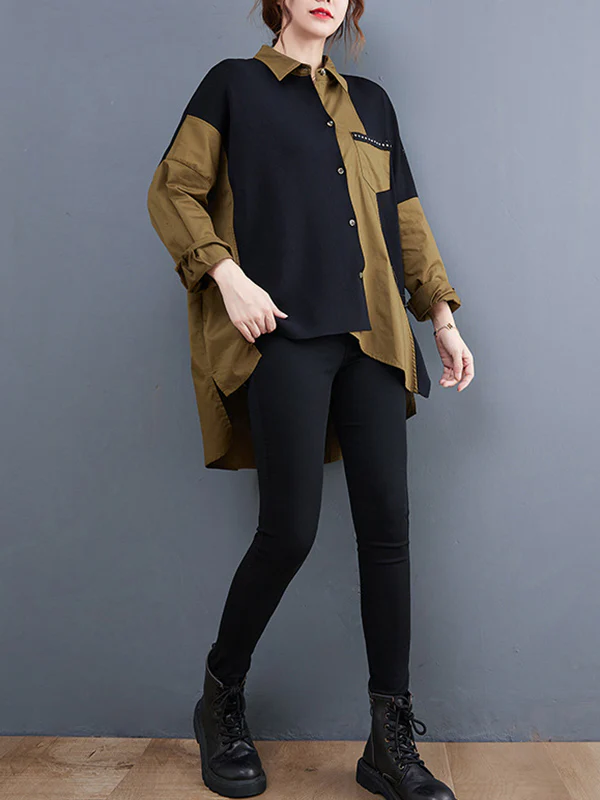 Artistic Retro Loose Split-Joint With Pocket Buttoned Lapel Collar Long Sleeves False Two Blouse - Image 5