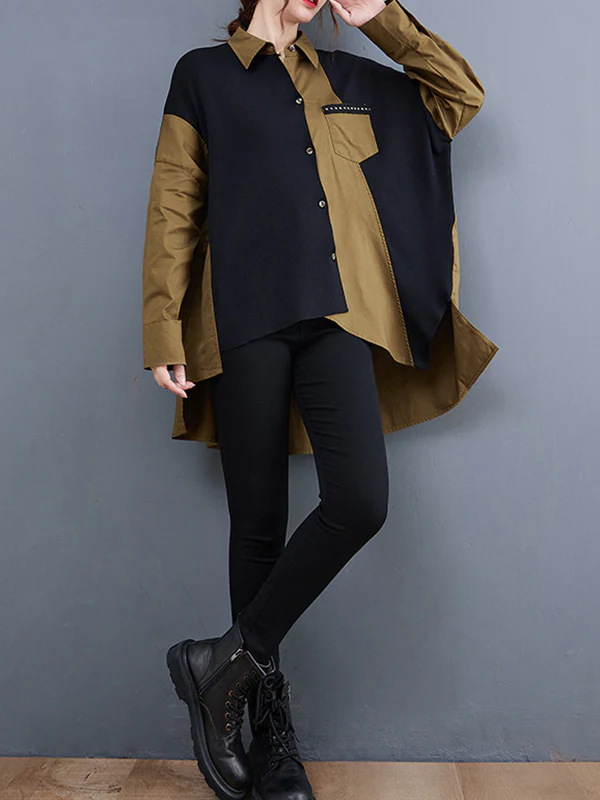 Artistic Retro Loose Split-Joint With Pocket Buttoned Lapel Collar Long Sleeves False Two Blouse - Image 6
