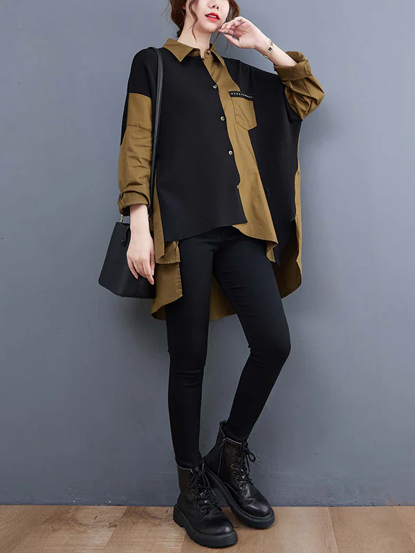 Artistic Retro Loose Split-Joint With Pocket Buttoned Lapel Collar Long Sleeves False Two Blouse - Image 7