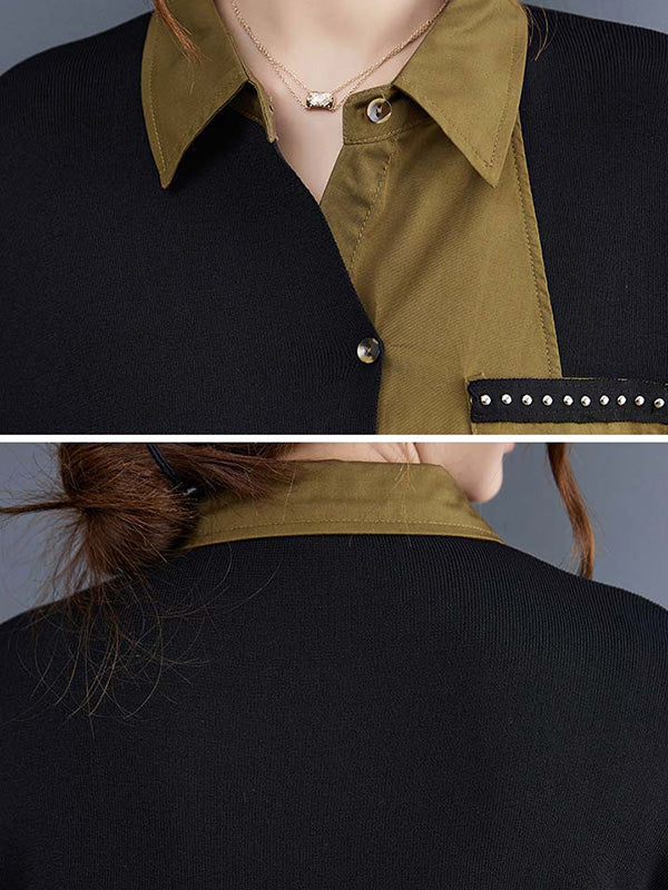 Artistic Retro Loose Split-Joint With Pocket Buttoned Lapel Collar Long Sleeves False Two Blouse - Image 8