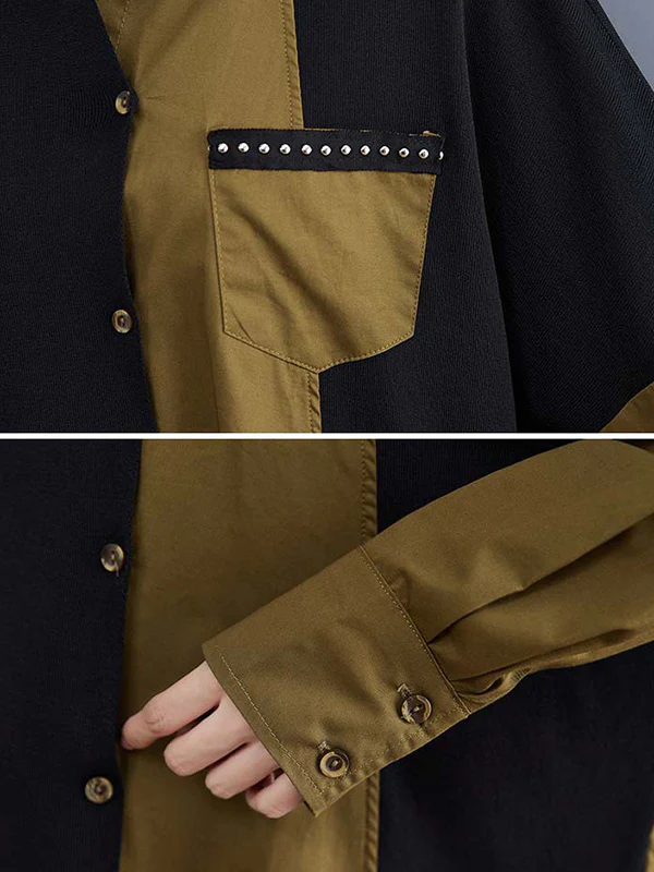 Artistic Retro Loose Split-Joint With Pocket Buttoned Lapel Collar Long Sleeves False Two Blouse - Image 9