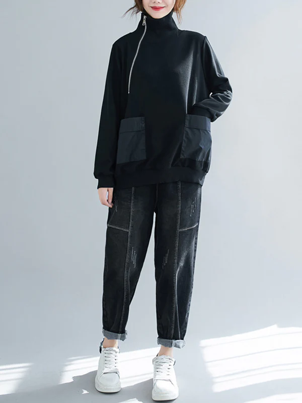 Artistic Retro Loose Zipper High-Neck Long Sleeves Sweatshirt Top - Image 2