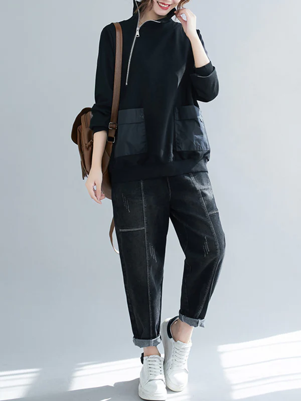 Artistic Retro Loose Zipper High-Neck Long Sleeves Sweatshirt Top - Image 3