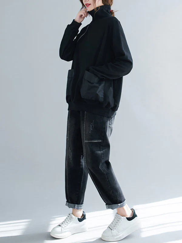 Artistic Retro Loose Zipper High-Neck Long Sleeves Sweatshirt Top - Image 4