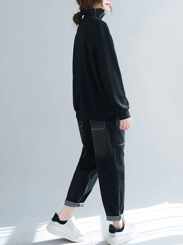 Artistic Retro Loose Zipper High-Neck Long Sleeves Sweatshirt Top - Image 5