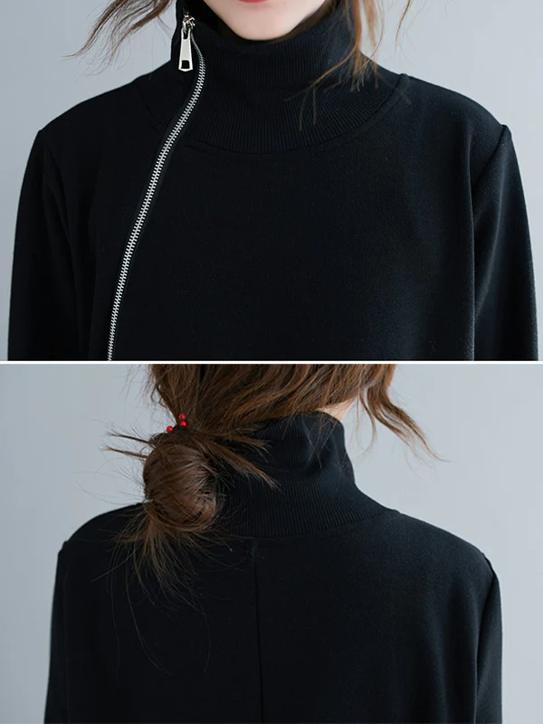 Artistic Retro Loose Zipper High-Neck Long Sleeves Sweatshirt Top - Image 6