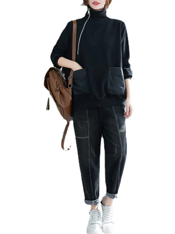 Artistic Retro Loose Zipper High-Neck Long Sleeves Sweatshirt Top - Image 8