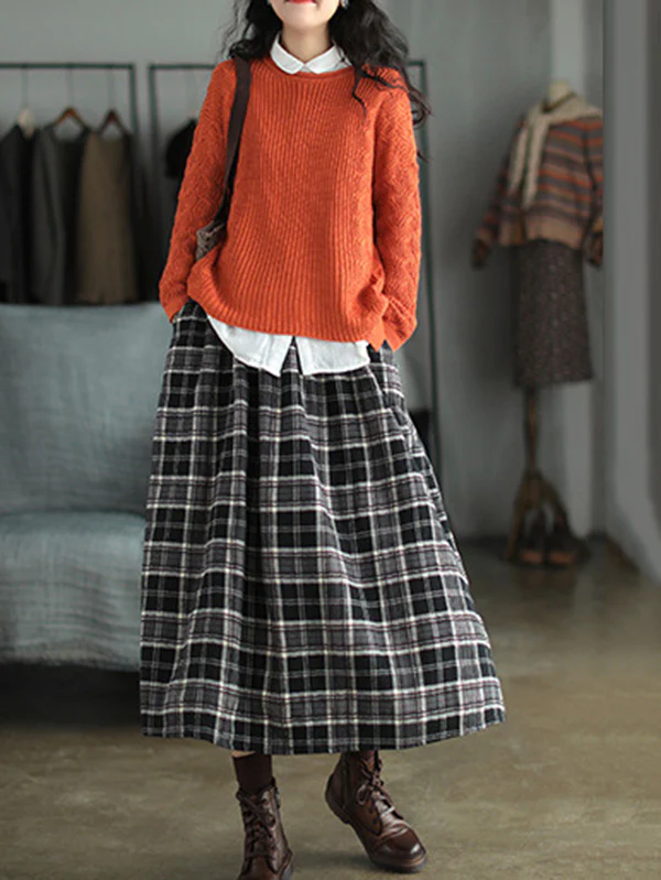 Artistic Retro Plaid A-Line Skirt - Image 15