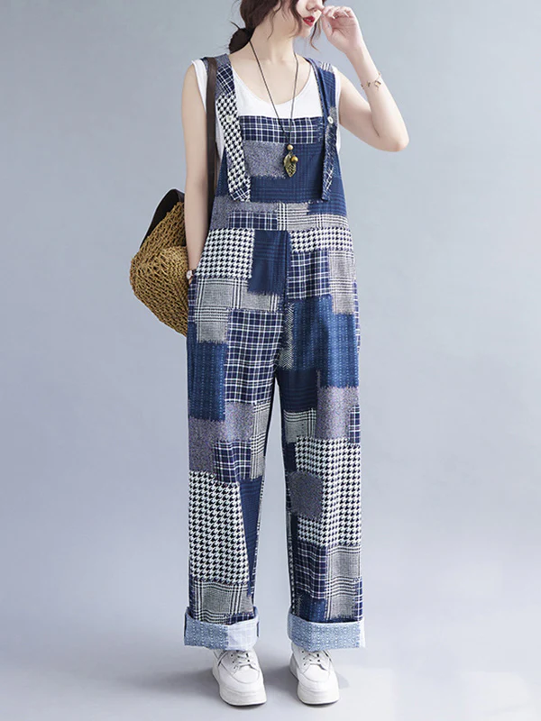 Artistic Retro Plaid Square-Neck Sleeveless Overalls - Image 2