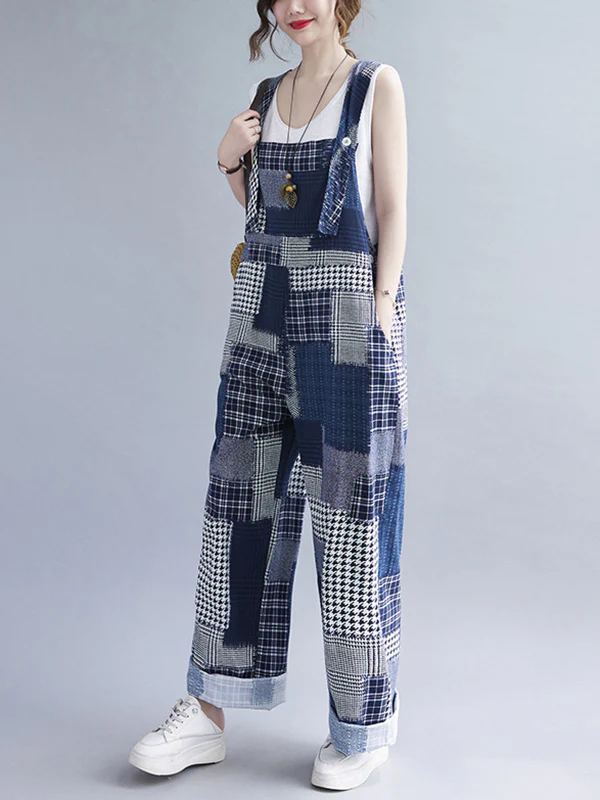 Artistic Retro Plaid Square-Neck Sleeveless Overalls - Image 3
