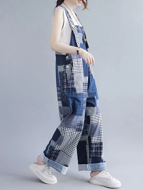 Artistic Retro Plaid Square-Neck Sleeveless Overalls - Image 4